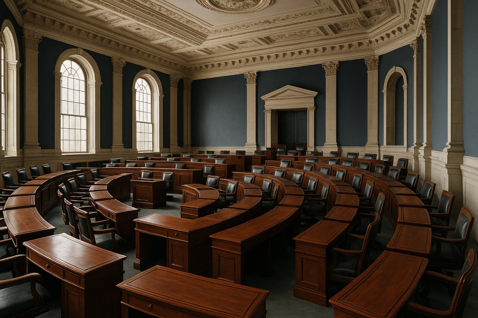 An empty legislative chamber